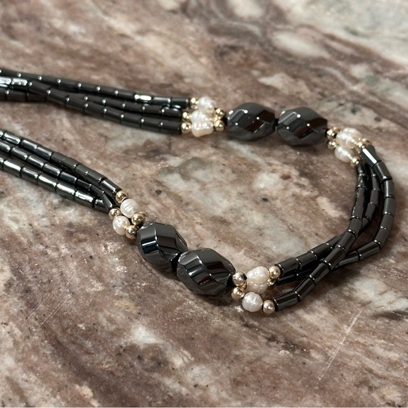 Vintage Twisted Hematite Triple Strand Fresh Water Pearls Long Necklace EUC - Picture 11 of 17